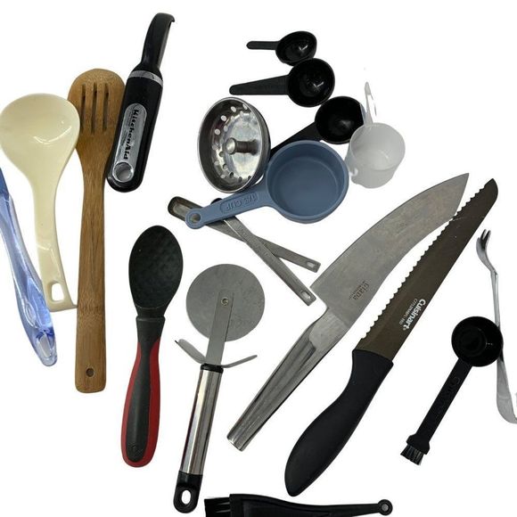 Lot of Mixed Kitchen Utensils Knives Pizza Cutter Sink Strainer Spoon Spatula 50 - Picture 3 of 11